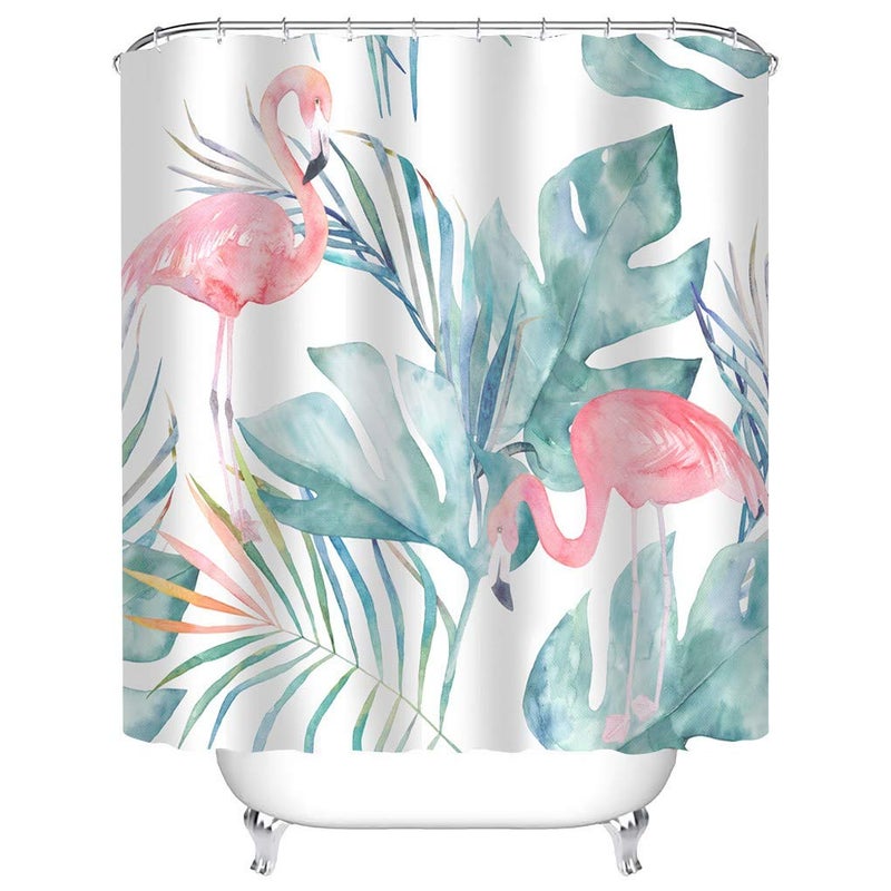 Tititex Tropical Pink Flamingo Shower Curtain with Hooks, Teal Palm Leaves Modern Style Waterproof Fabric Bathroom Decor Set 72X72 Inch - Image 2